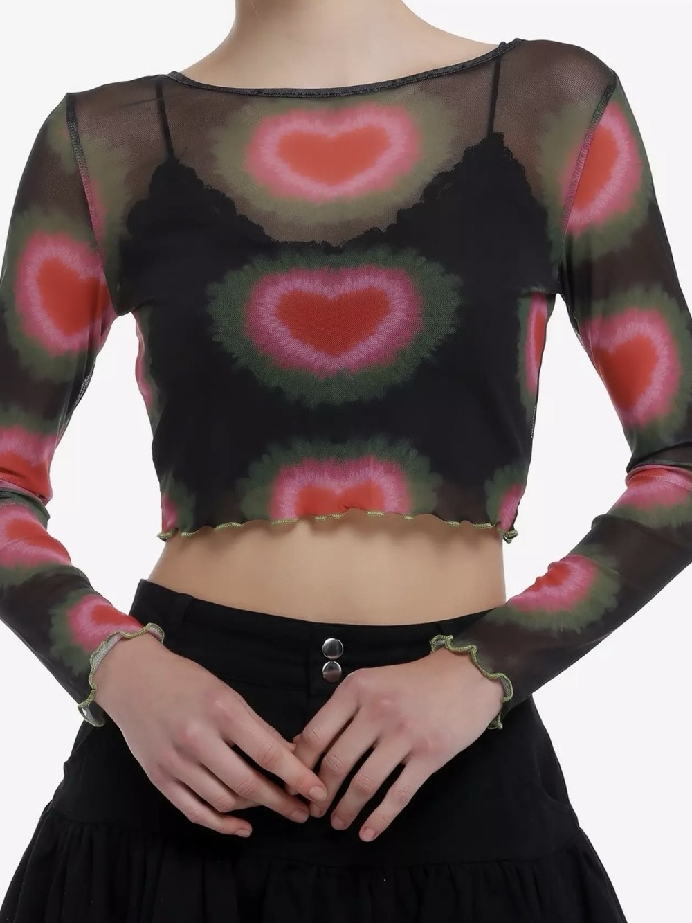 Pretty Garbage y2k Hot Topic Aura Hearts Sheer Mesh Crop Top Long Sleeve Small